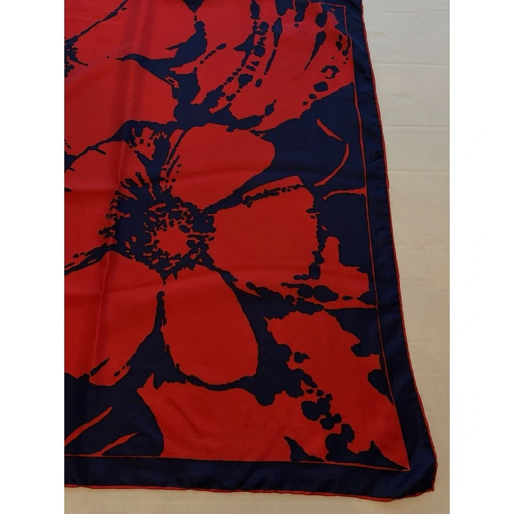 Vintage Silk Rayon Scarf Red Navy Blue Mod Floral Hand Rolled‎ Japan 29